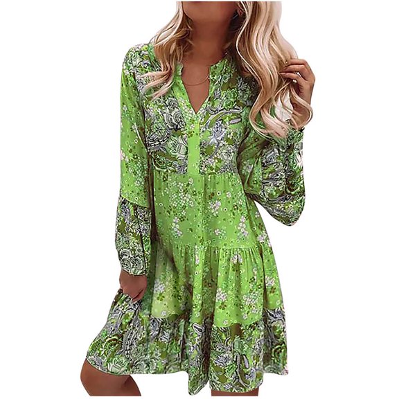 QLEICOM Summer Dress, Plus Size Casual Dresses, Women Bohemian V neck Loose Long Sleeve Flare Sleeve Print Mini Dress, Beach Dress Sun Dresses Green L
