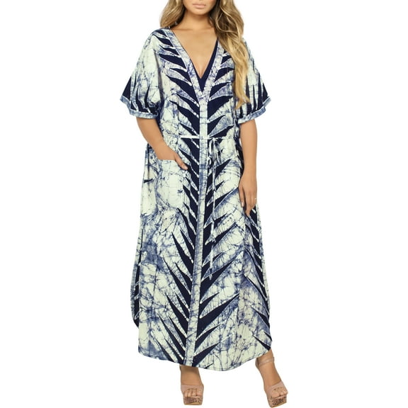 LA LEELA Women's Summer Pocket Nightgown Batik Caftan for Womens Sleepwear Long House Loungewear Dashiki Dress 1X-2X Navy, Spikes