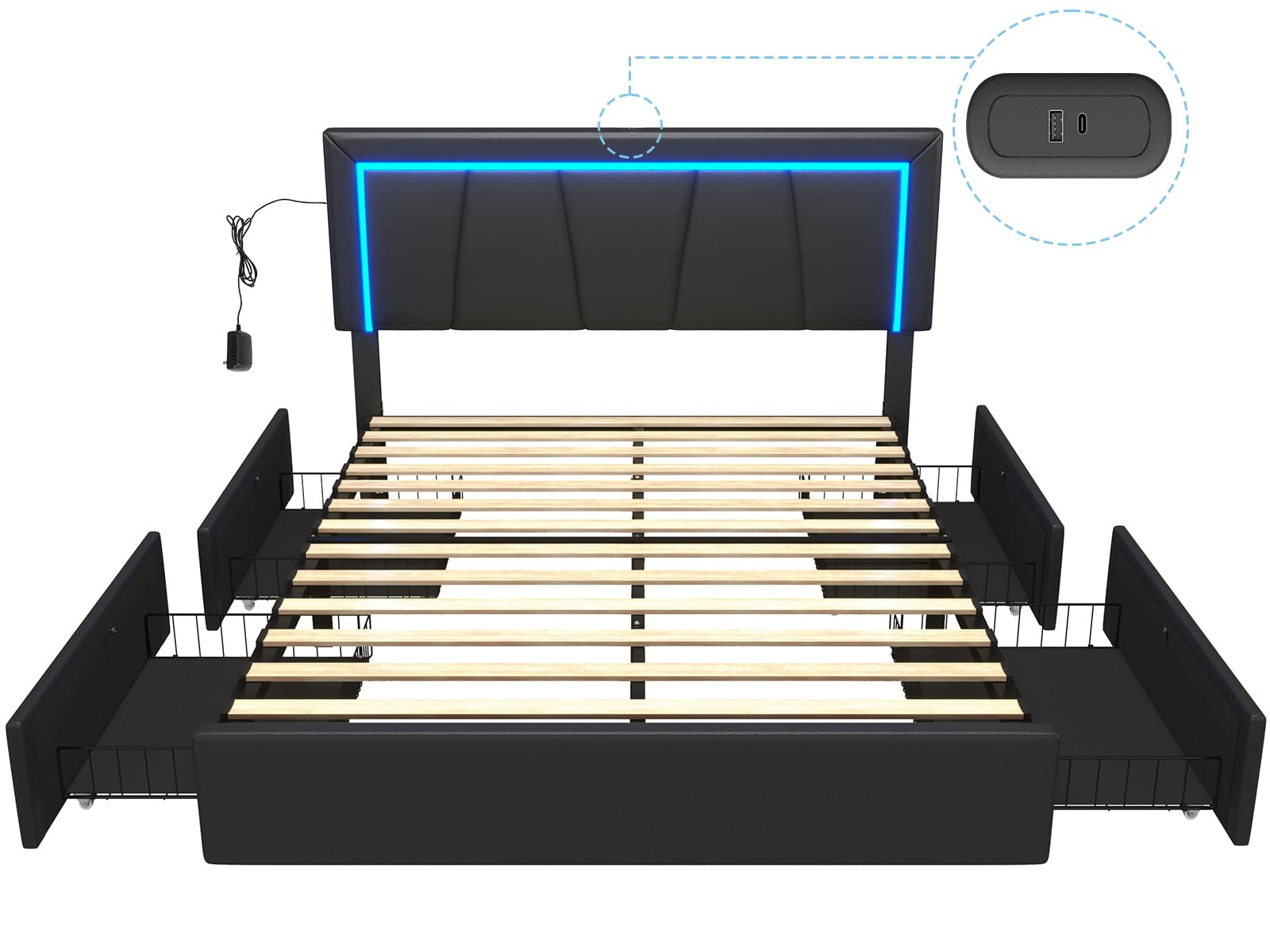Queen LED Bed Frame with 4 Storage Drawers and USB Ports and LED Headboard, Faux Leather Upholstered Platform Bed Frame with 3 Side Light Strip, Black