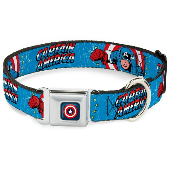 Marvel Comics Pet Collar, Dog Collar Metal Seatbelt Buckle, Captain America Action Pose Weathered Blue, 9.5 to 13 Inches 1.0 Inch Wide