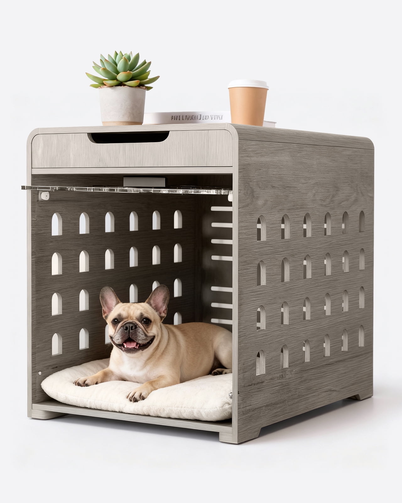 Furnibear Modern Dog Crate Furniture with Charging Station, Multifunctional Side End Table Indoor Kennel with Hidden Door for Small Dogs Breeds up to 45lb,Gray