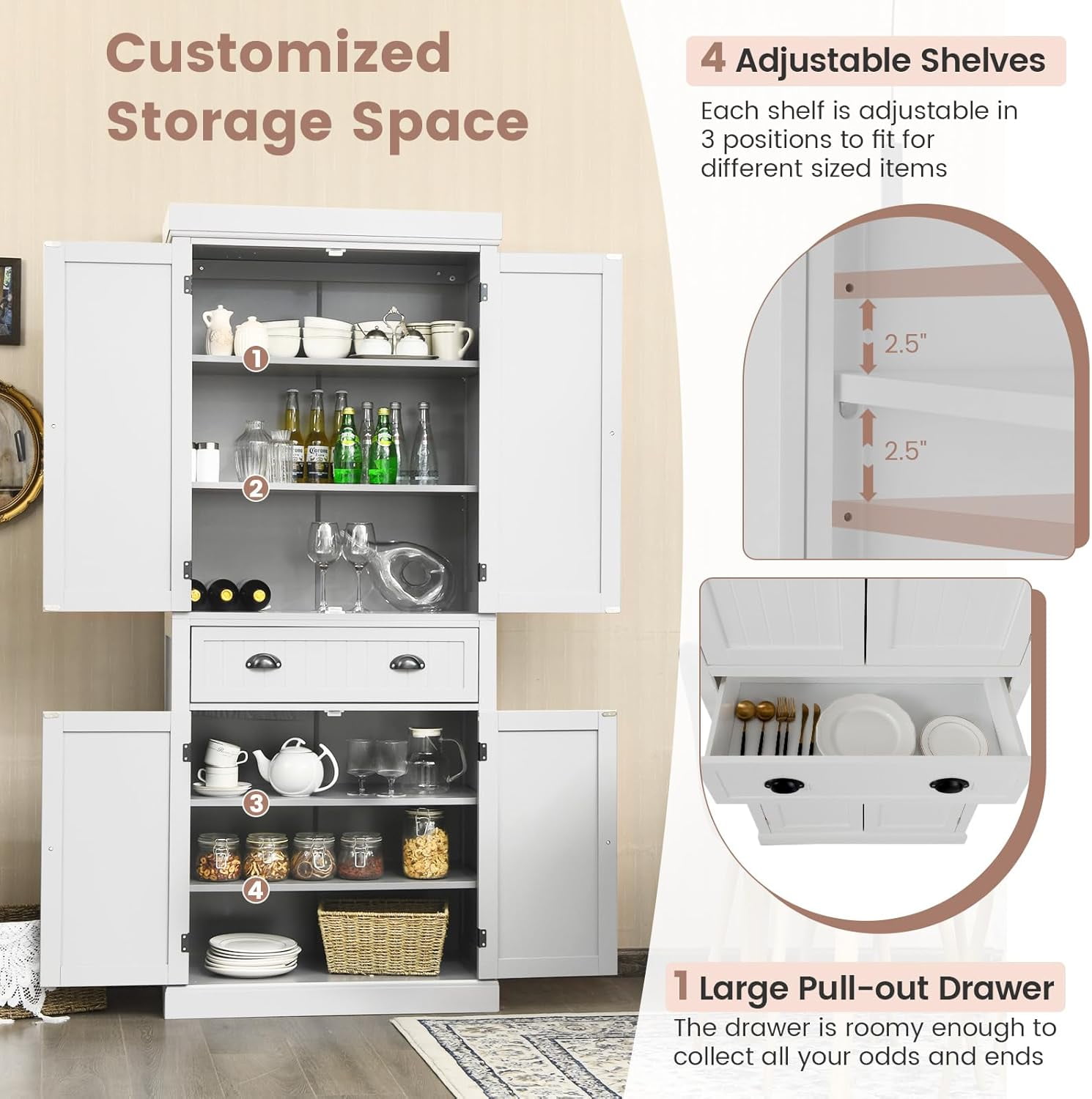 Traditional Kitchen Pantry Cabinet, Kitchen Cupboard with Double-Doors, Large Drawer and Adjustable Shelves for Dining Room, Bathroom