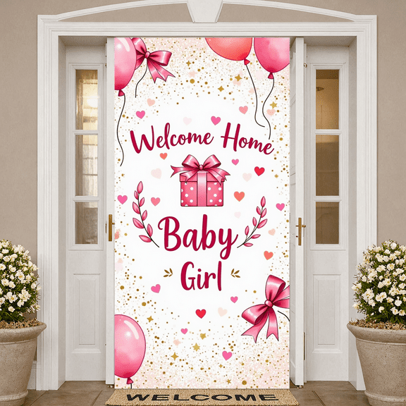 Decorative Design Welcome Home Baby Girl Pink Balloons Glitter Background for Baby Shower Welcome Party Newborn Celebration