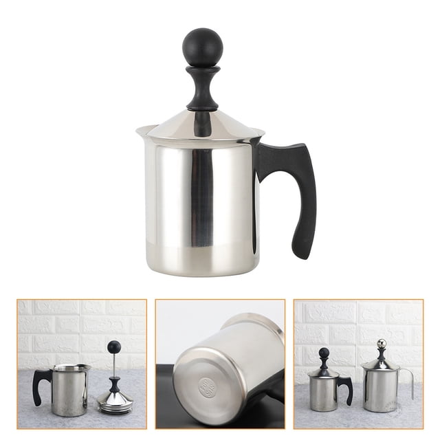 Phenofice Milk Frother Pitcher Stainless Steel for Coffee Silver Manual Hand Pump Frother with Ergonomic Handle for Latte Art 12 oz