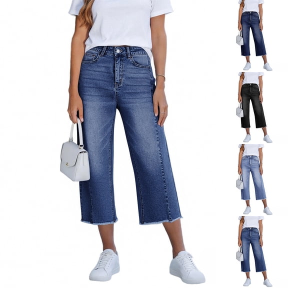 Womens Capri Jeans Stretchy Frayed Raw Hem Wide Leg Cropped Jenas with Pockets 2026 Summer High Waisted Denim Pants, 2XL