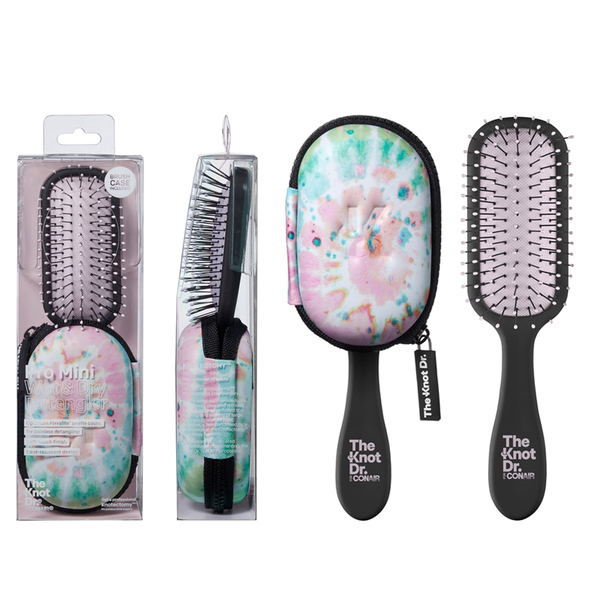 The Knot Dr. for Conair Pro Mini Wet and Dry Detangling Hairbrush with Case, Colors Vary