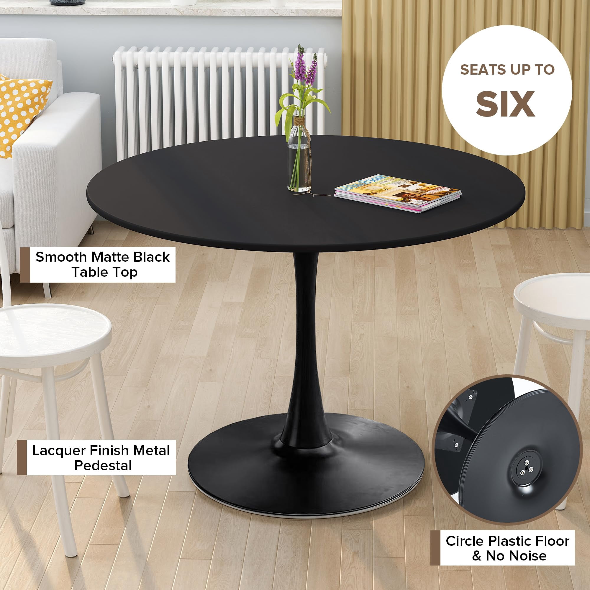 Miniyam 42" Round Pedestal Dining Table for 4-6, Small Kitchen Table with Wood Top, Black