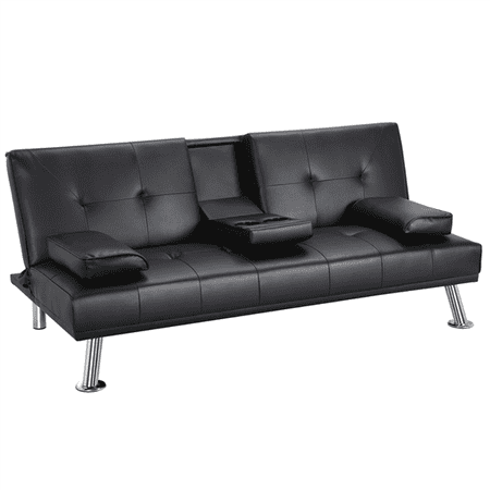 LuxuryGoods Modern PU Leather Futon with Armrests & Cupholders