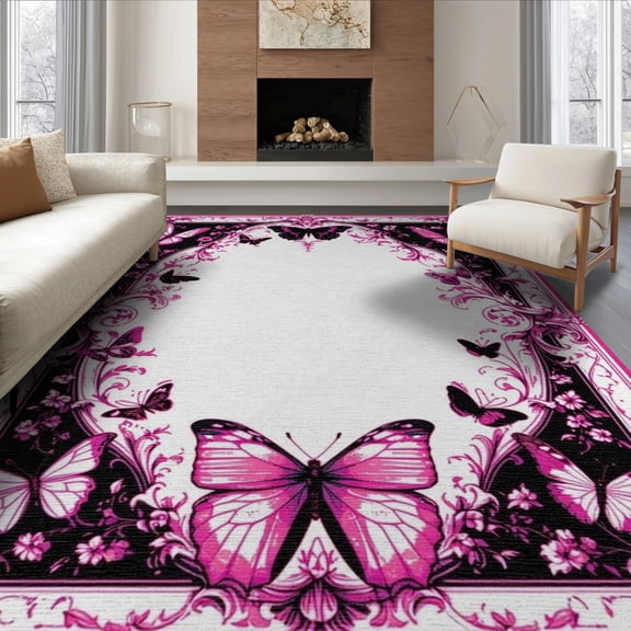 ODIKA 8'x10' Washable Area Rug Gothic Vintage Moth Butterfly Ornate Filigree Damask Border Shaped for King Size Bedroom Under Bed, Master Suite, Non-Shedding, Easy Care