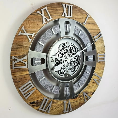 THE GEARS CLOCK Wall Clock with Real Moving Gears EN-LI_ 36 in Round Wood-Stone