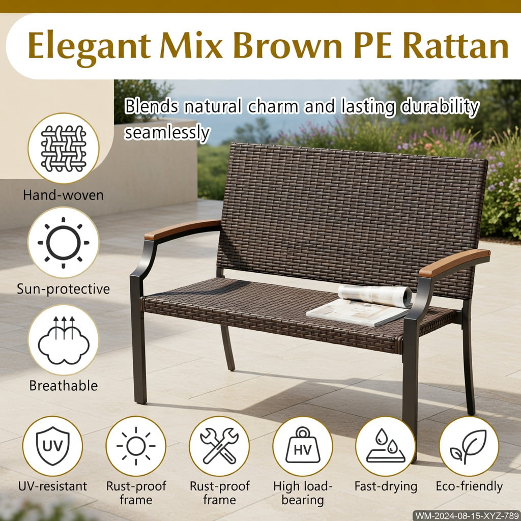Hommoo Outdoor Wicker Loveseat with Acacia Wood Armrests & Heavy-Duty Metal Frame, PE Rattan Stackable Patio Sofa for Backyard, Porch, Garden, Brown