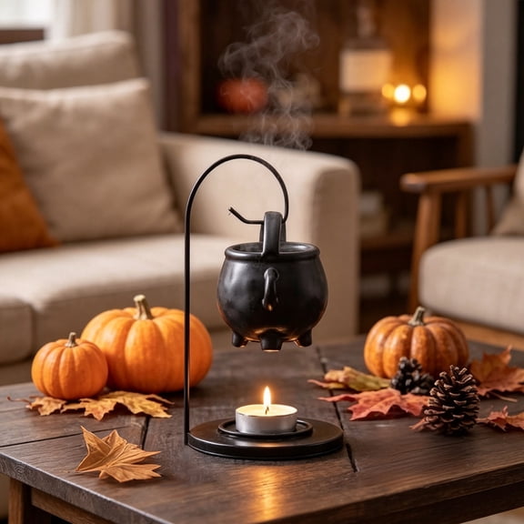 Halloween Witch Cauldron Iron Stand Hook, Aromatherapy Oil Heated Incense Burner, Spooky Gothic Home Holiday Decor Prop, Festive Ornament for Home Tabletop Mantel Shelf Party