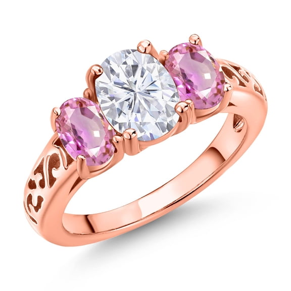 Gem Stone King 18K Rose Gold Plated Silver White Moissanite and Pink Sapphire Filigree Style 3 Stone Ring for Women (2.70 Cttw, Oval 8X6MM and 6X4MM) (Size 6)