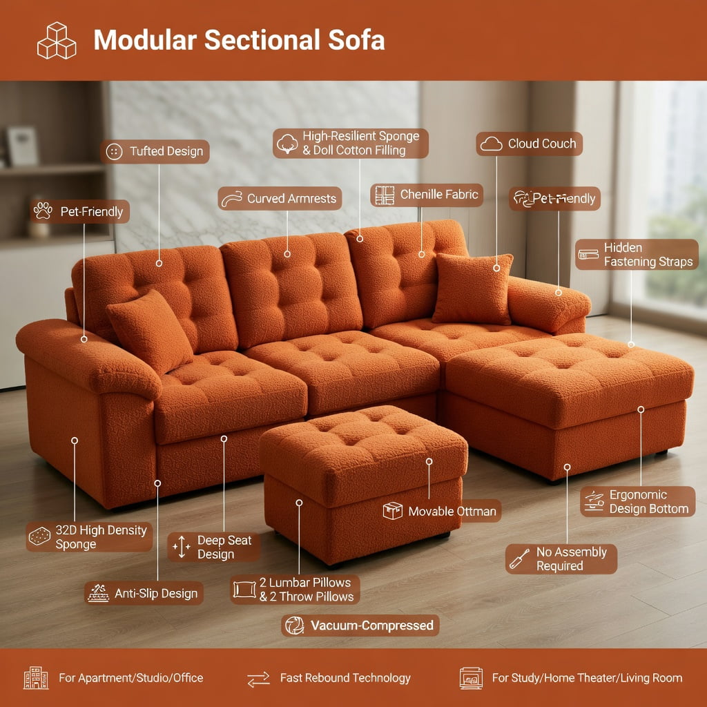 Hommoo Teddy Fleece 2-Seat Modular Loveseat Sofa with Movable Ottoman, Cloud-Like Double-Layer Cushions & Curved Lumbar Pillows, Orange