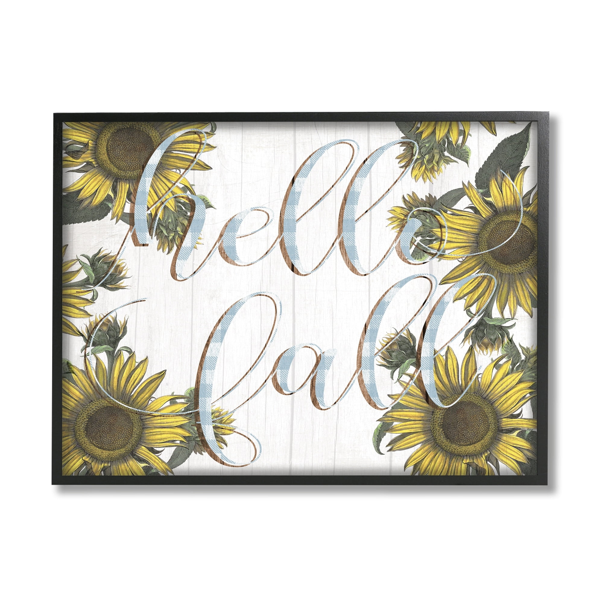 Stupell Industries Hello Fall Phrase Blue Checker Plaid Sunflower Florals, 14 x 11,Design by Daphne Polselli