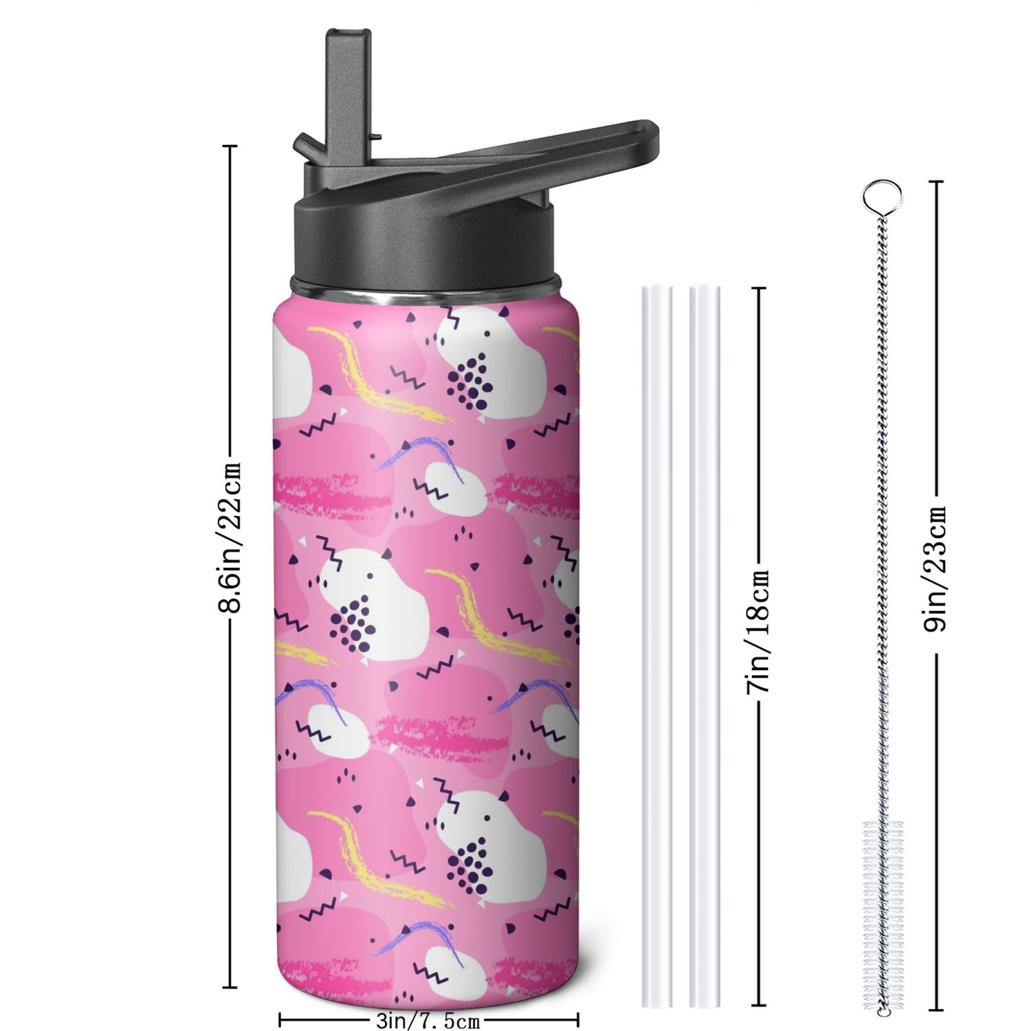 Modern 18 oz Insulated Stainless Steel Water Bottle with Straw & Cleaning Brush , Leakproof, BPA-Free, 304 Stainless Steel, Wide Mouth, Travel Mug for Car, Gym, Office