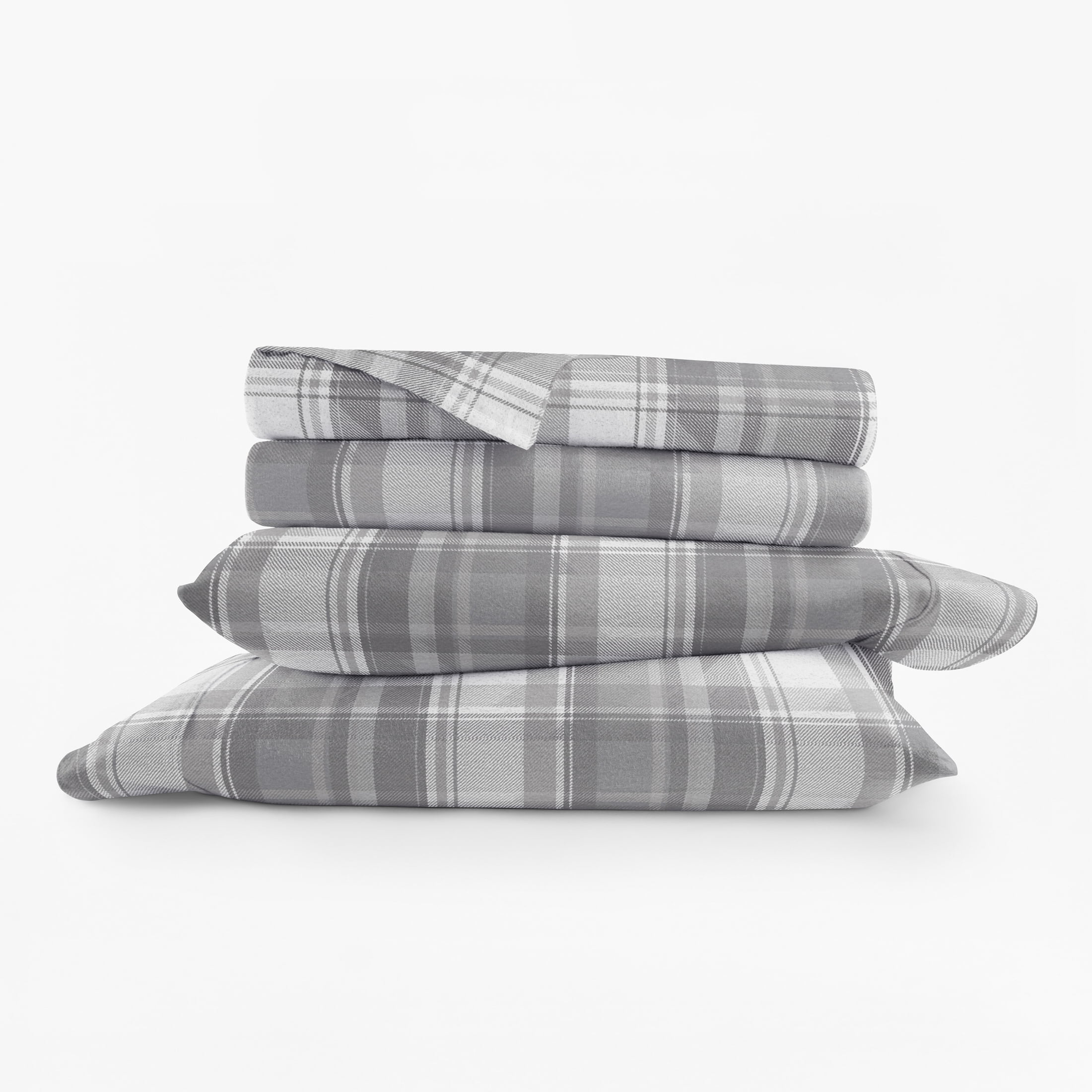 Light Grey Plaid 4 Piece 100% Cotton Flannel Deep Pocket Sheet Set, Twin, by Noble Linens