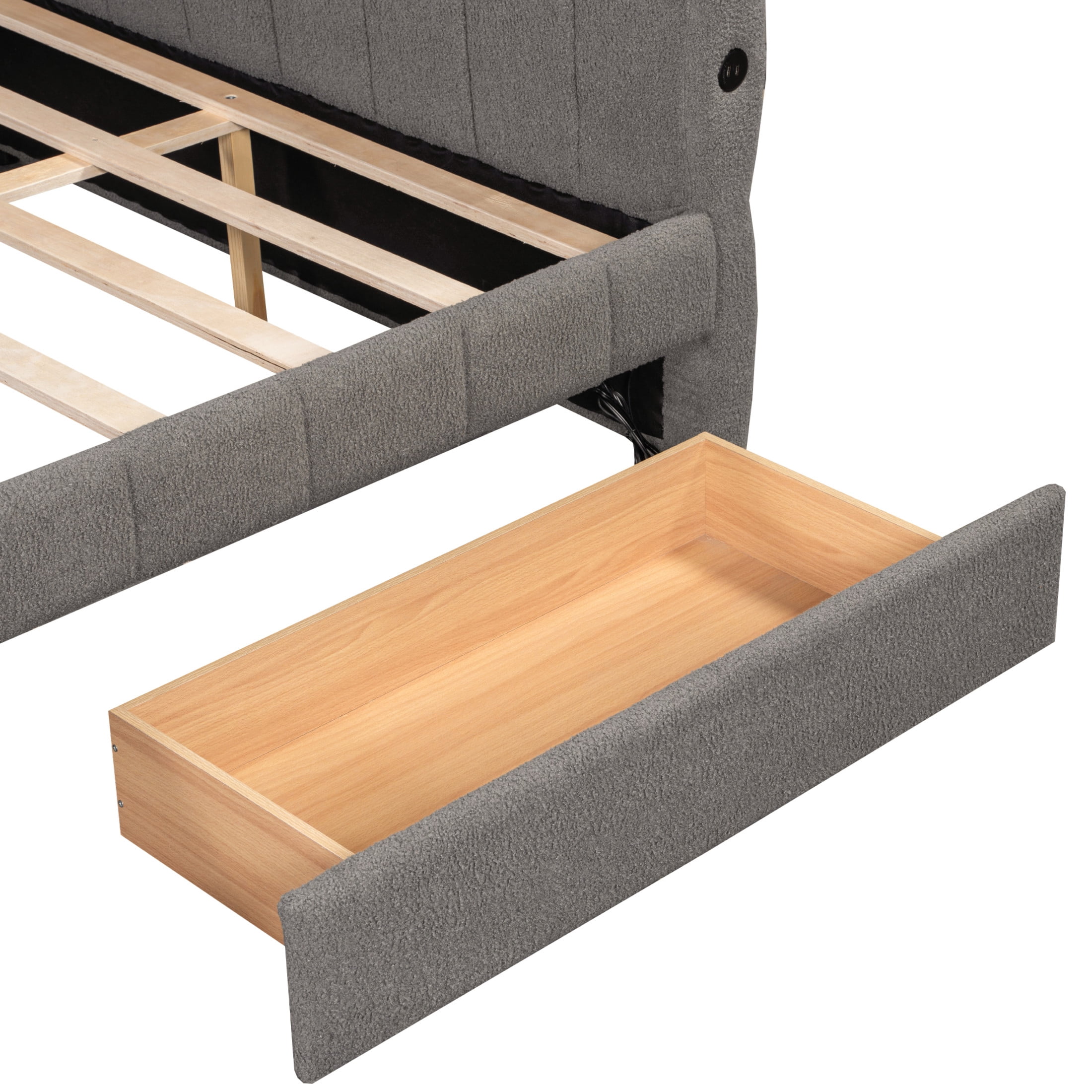 Noble House Alver Queen Upholstered Platform Bed, Luxurious Lambswool Frame with USB Ports and 2 Drawers, Gray