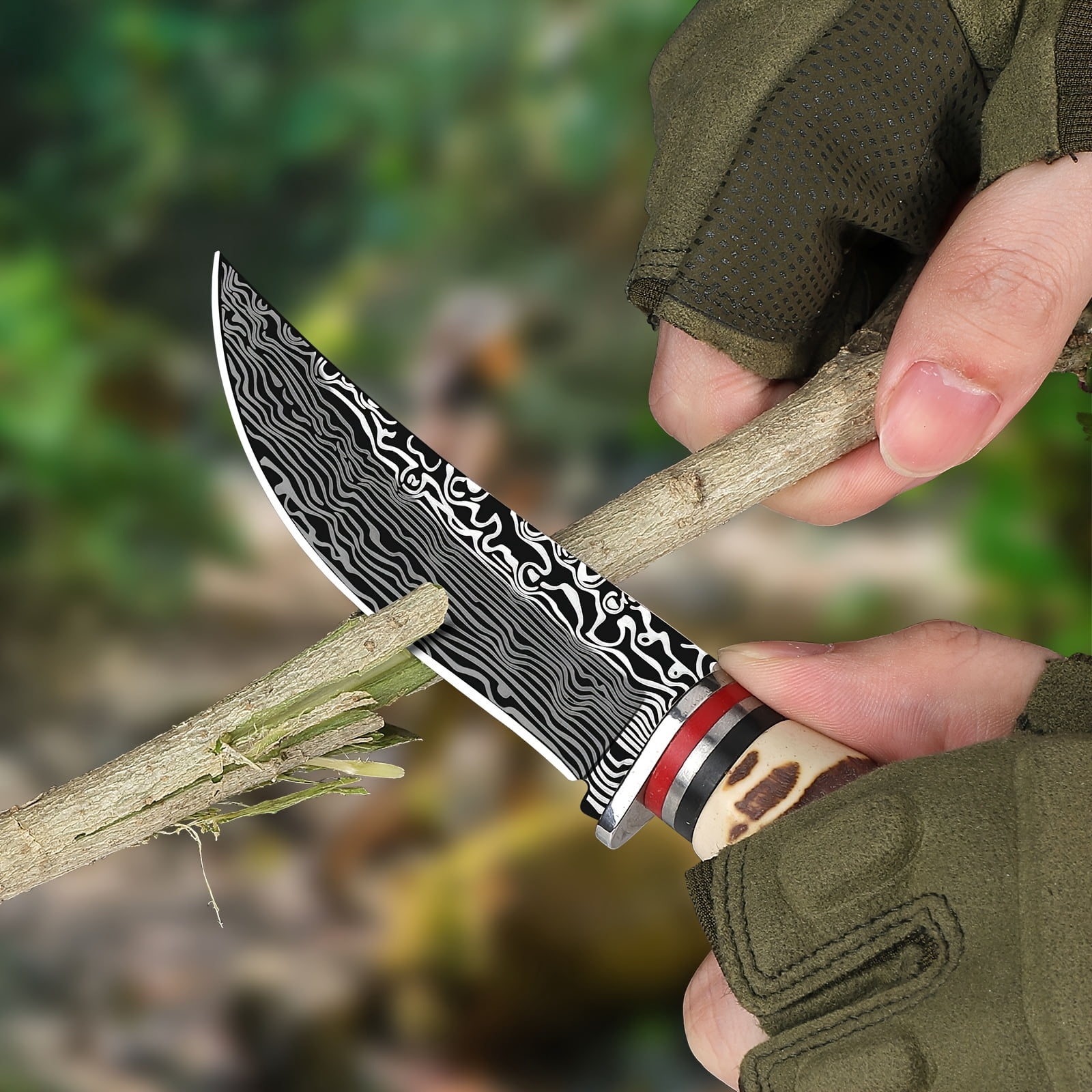 Hunting Knife with Leather Sheath - Ideal for Chopping, Camping Outdoor - Fixed Blade Bushcraft Knife - Gift for Men