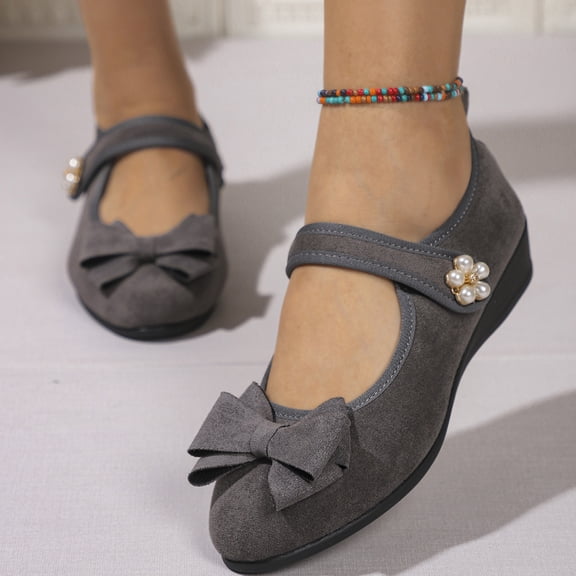 IEMIEMIEM Women's Mary Jane Flats Bow Pearl Rhinestone Floral Dress Shoes Adjustable Strap Low Wedge Comfort Walking Shoes Ballet Flats Casual Wedding Party Ballerina Flat 5.5 Wide Gray