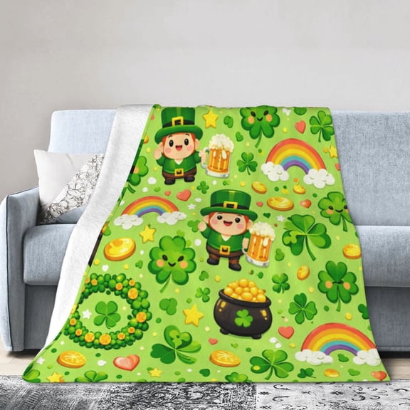 St. Patrick’s Day Blanket – Cute Leprechaun & Shamrock Pattern Throw Blanket 50x40