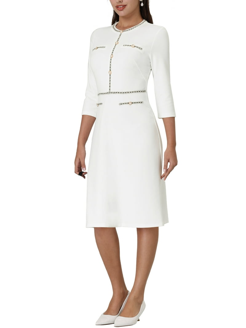 knee length dresses for ladies Zapaka Women Tea-Length Ivory Work Dress Long Sleeves A Line Workwear Dress, Ivory / XL