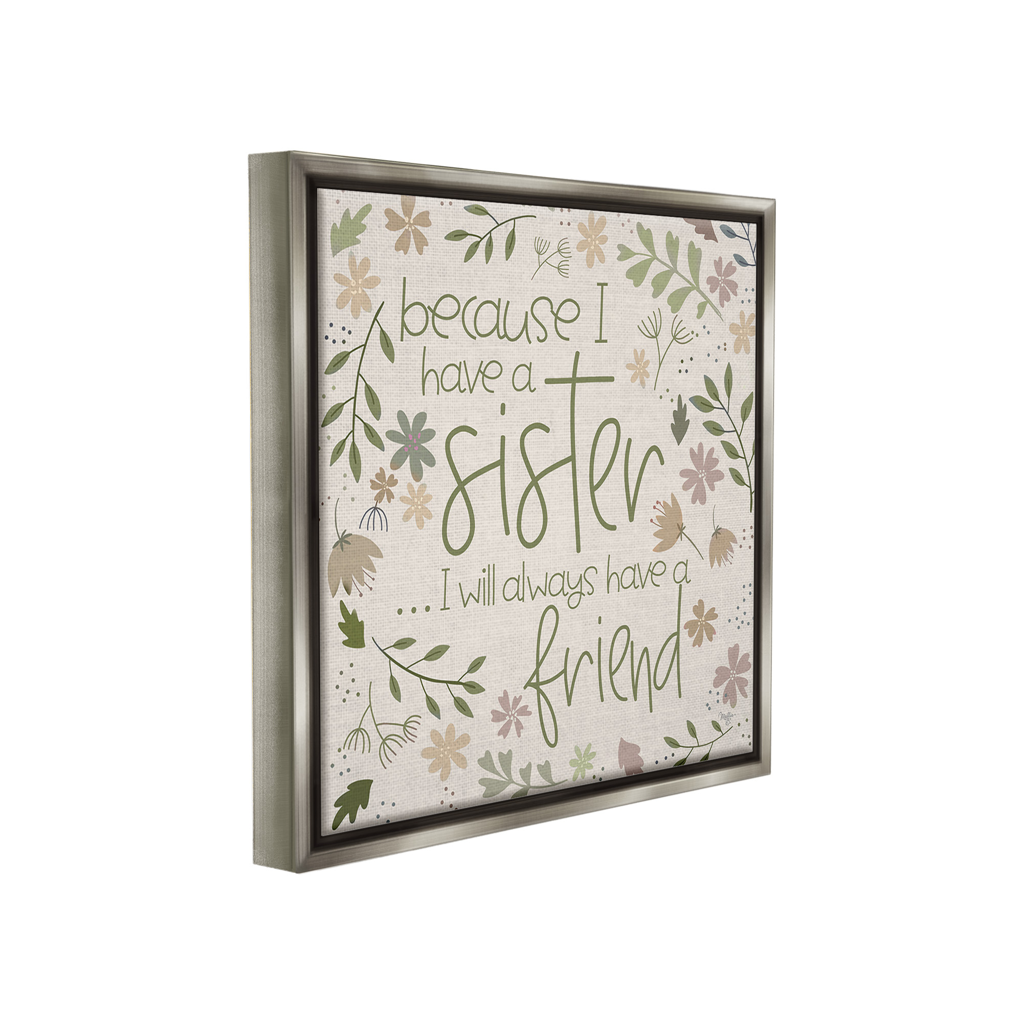 Stupell Industries Botanical Sister Friendship Botanical & Floral Painting Gray Floater Framed Canvas Art Print Wall Art, 18 x 18