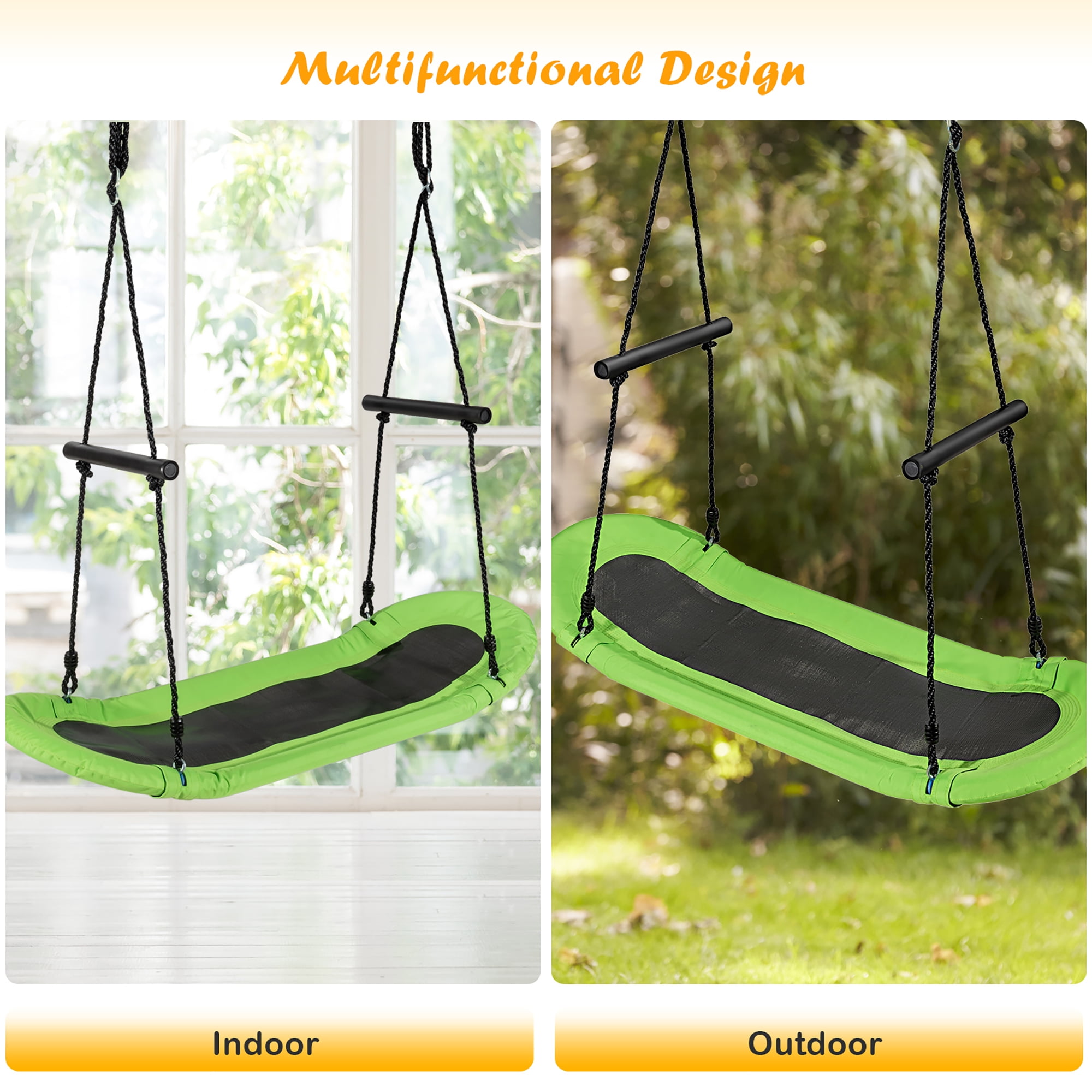 Costway Saucer Tree Swing Surf Kids Outdoor Adjustable Oval Platform Set w/  Handle Green