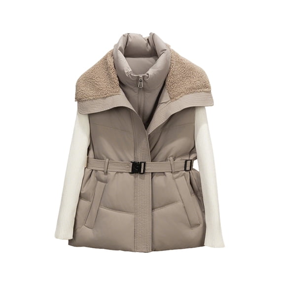 RYRJJ Women's Fleece Collar Puffer Vest Sleeveless Lightweight Winter Warm Zip Up Padded Outerwear Jackets with Belt Pockets(Khaki,XXL)