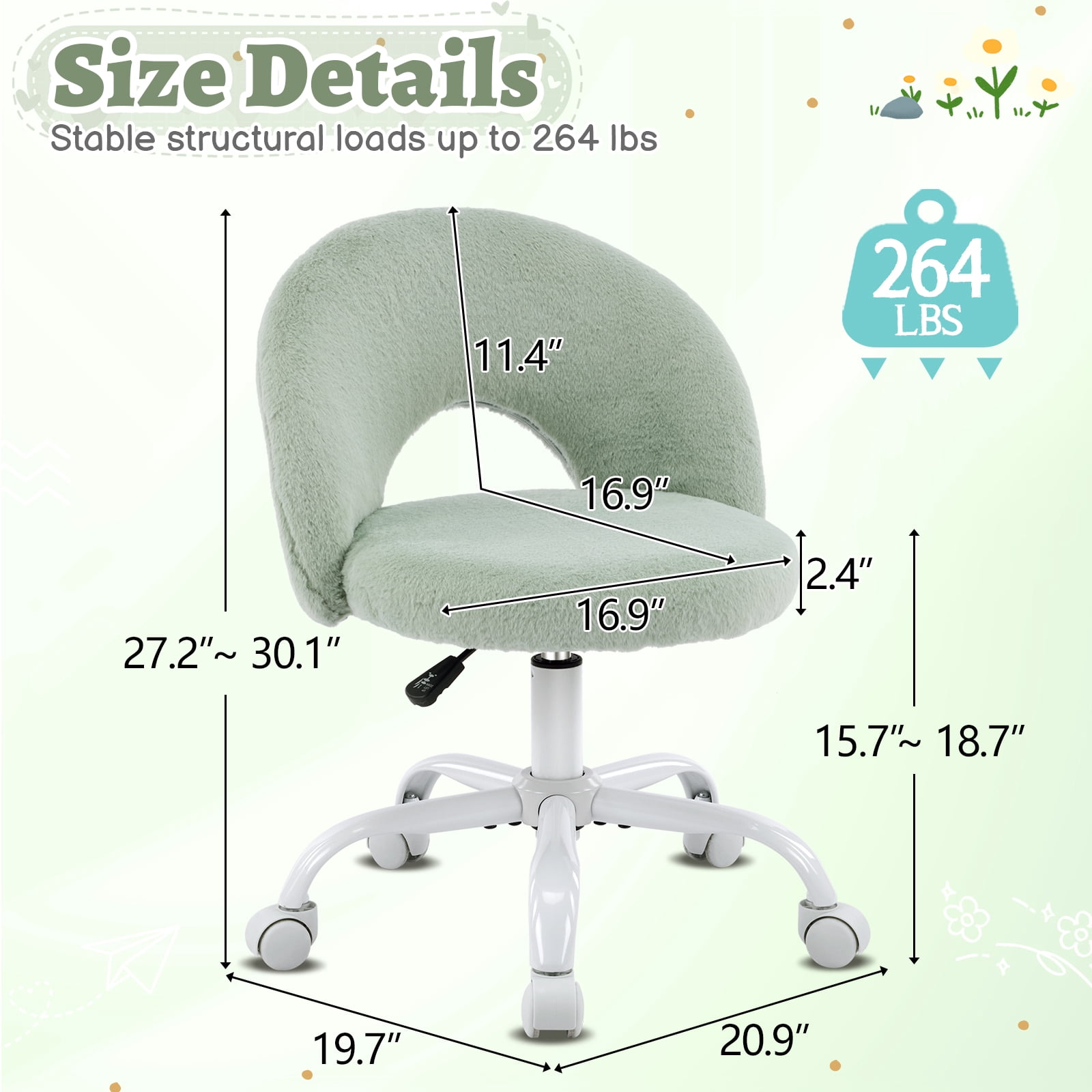 Ktaxon Vanity Makeup Chair Comfy Cute Accent Chair Small Swivel Task Office Chair with Wheels Faux Rabbit Hair Green