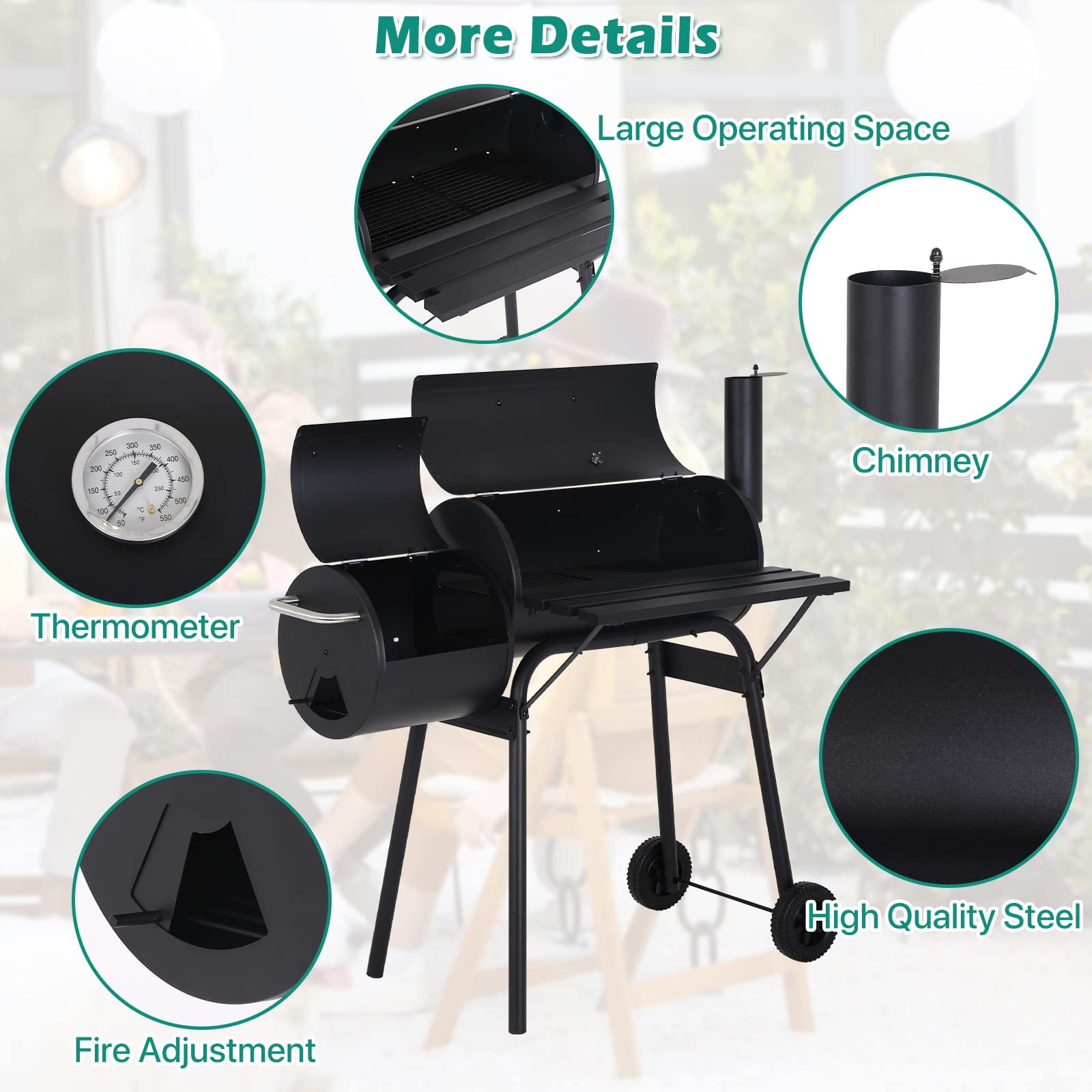 NiamVelo BBQ Charcoal Grills Outdoor BBQ Grill Camping Grill, Stainless Steel Grill Offset Smoker with Cover, Portable BBQ Barbecue Grill for Picnic Camping Party, Black
