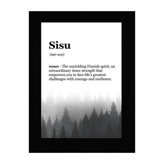 Sisu Definition, Black Frame 9x12 Decorative Wall Plaque With Easel Acrylic Stand | Elegant Forest Design | Inspirational Typographic Decoration