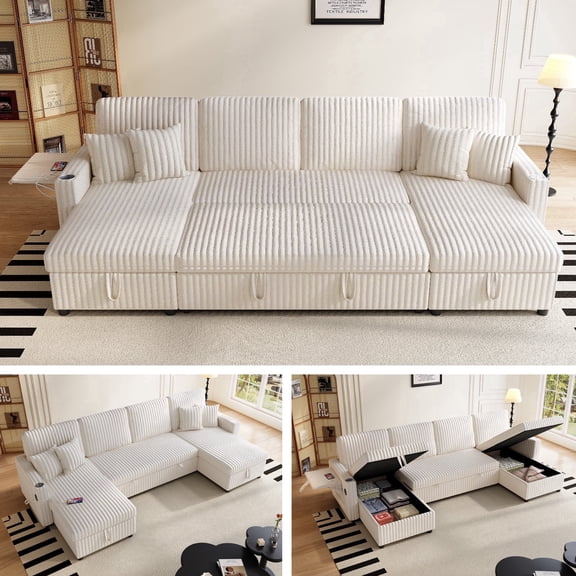 110.6" U-Shaped Convertible Sleeper Sofa Bed with Storage Chaise, Pull Out Sectional Sofa Couch with USB Charging Ports, Cup Holders & Side Pockets, Corduroy Fabric for Living Room, White