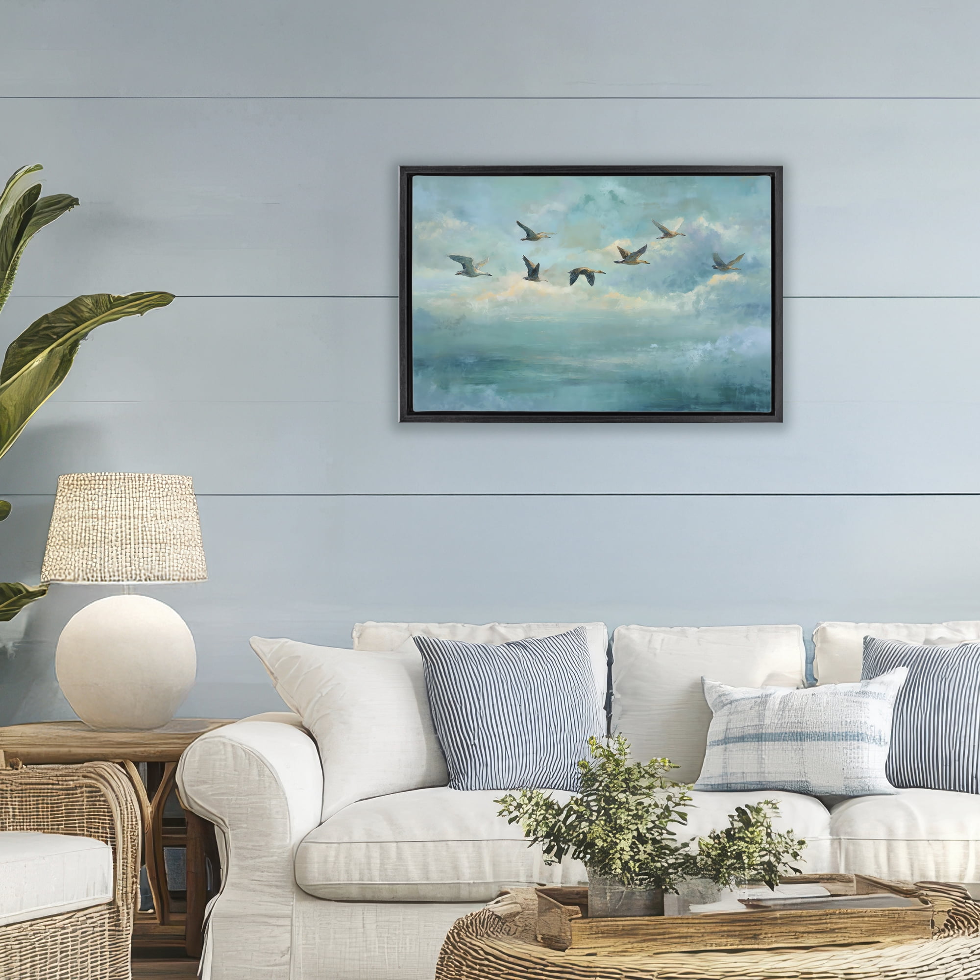 Stupell Industries Blue Skies Geese Black Framed Floater Canvas Wall Art, design by Petal Prints Design