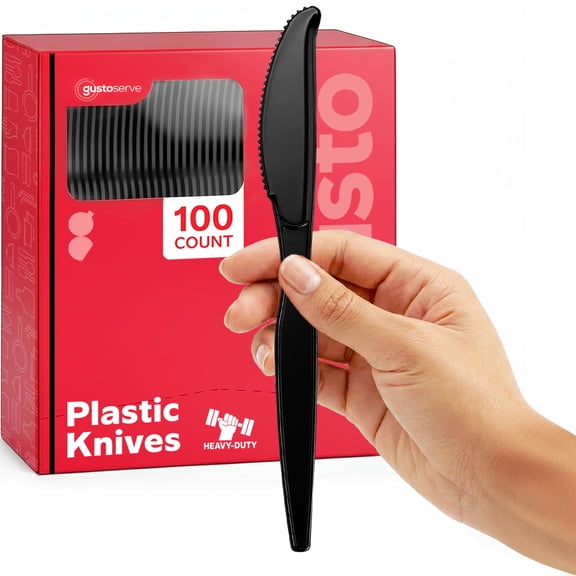 GUSTO Basic Plastic Knives Heavy Duty Disposable Cutlery, Black 100-Pack