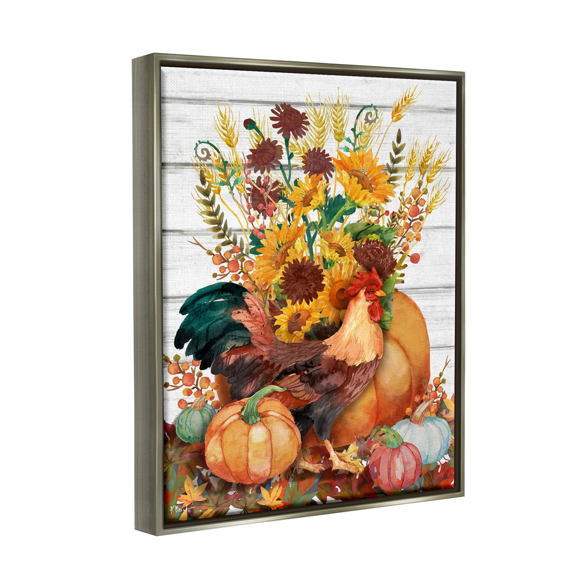 Stupell Industries Rustic Sunflowers & Hen Animals & Insects Painting Gray Floater Framed Canvas Art Print Wall Art, 17 x 21