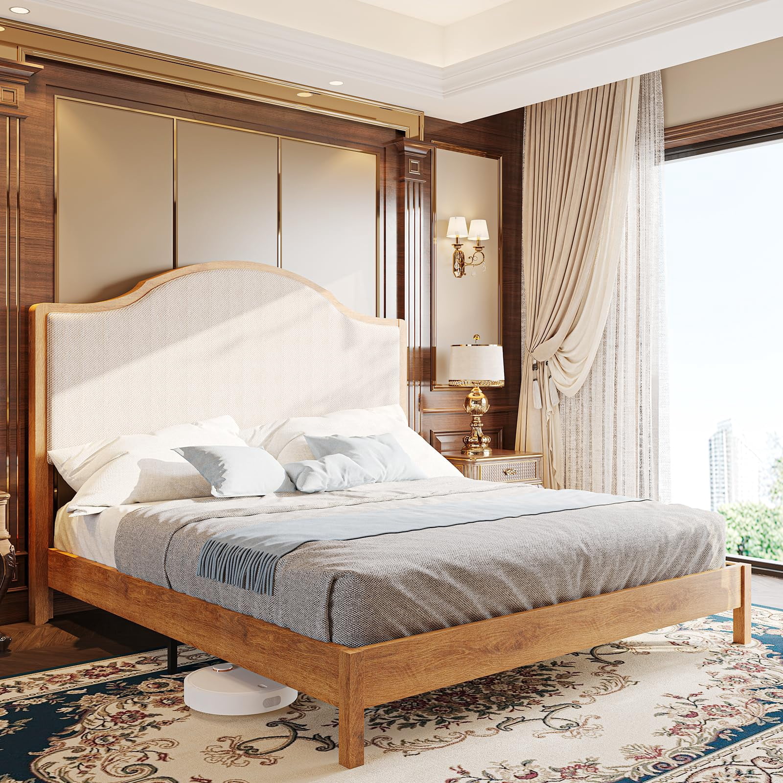 Merluxy Wooden Platform Queen Bed Frame with Upholstered Headboard Solid Wood Bed, No Box Spring Needed, Walnut