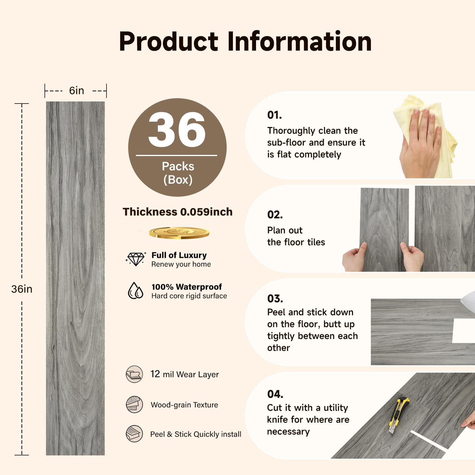Peel And Stick Floor Tile Vinyl Flooring  Waterproof Wood Plank 36-pack 54 Sq.ft Grain Self Adhesive For Bedroom Living Room Kitchen Rv(grayish)