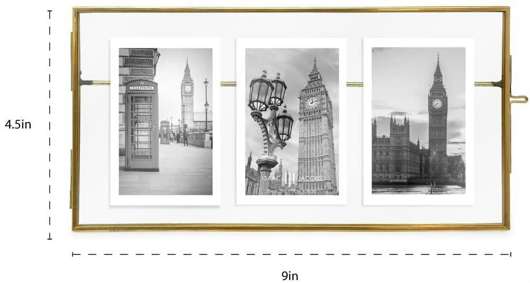 Isaac Jacobs 3-Photo Vintage Style Glass and Metal Floating Picture Frame Horizontal w/ Locket Closure; Fits 3 2x3 photos