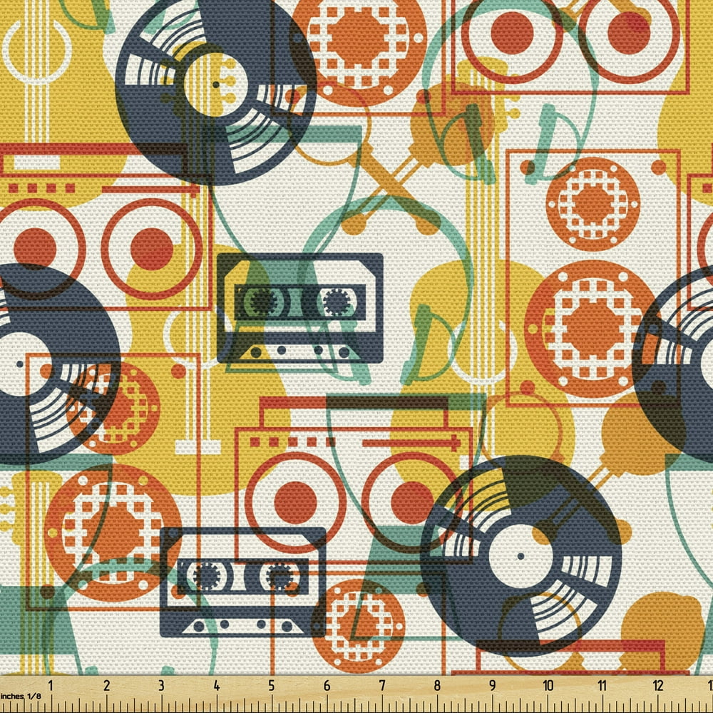 Music Fabric by the Yard, Pattern with Musical Instruments in Flat
