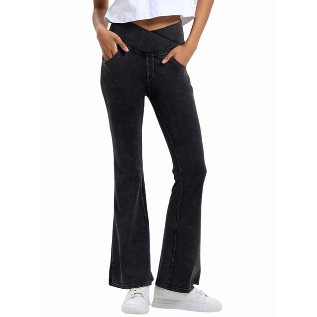 Leggings de Yoga de Mezclilla Ajustados con Bolsillos y Cintura Alta para Mujer Gris Oscuro M