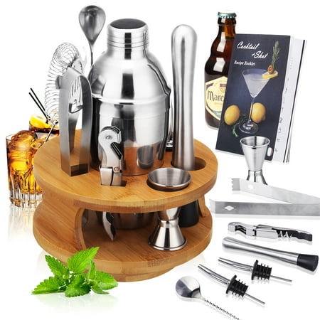 Professional Cocktail Set, 10Pcs Shaker Maker Kit Martini Tools Bar Set Kit w/ Rotatable Bamboo Base Storage