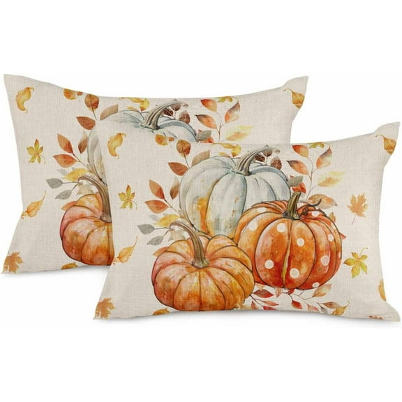 Fall Pumpkins Maple Leaves Pillow Covers 20x12 Inch Set of 2, Rustic Linen Autumn Decorative Lumbar Throw Pillow Covers, Orange Pillowcases for Patio Sofa Couch Bedroom Thanksgiving Decorations
