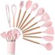 thumbnail image 1 of Utensilios de cocina de silicona ZHCH 12 piezas resistentes al calor con mango de madera color rosa, 1 of 5