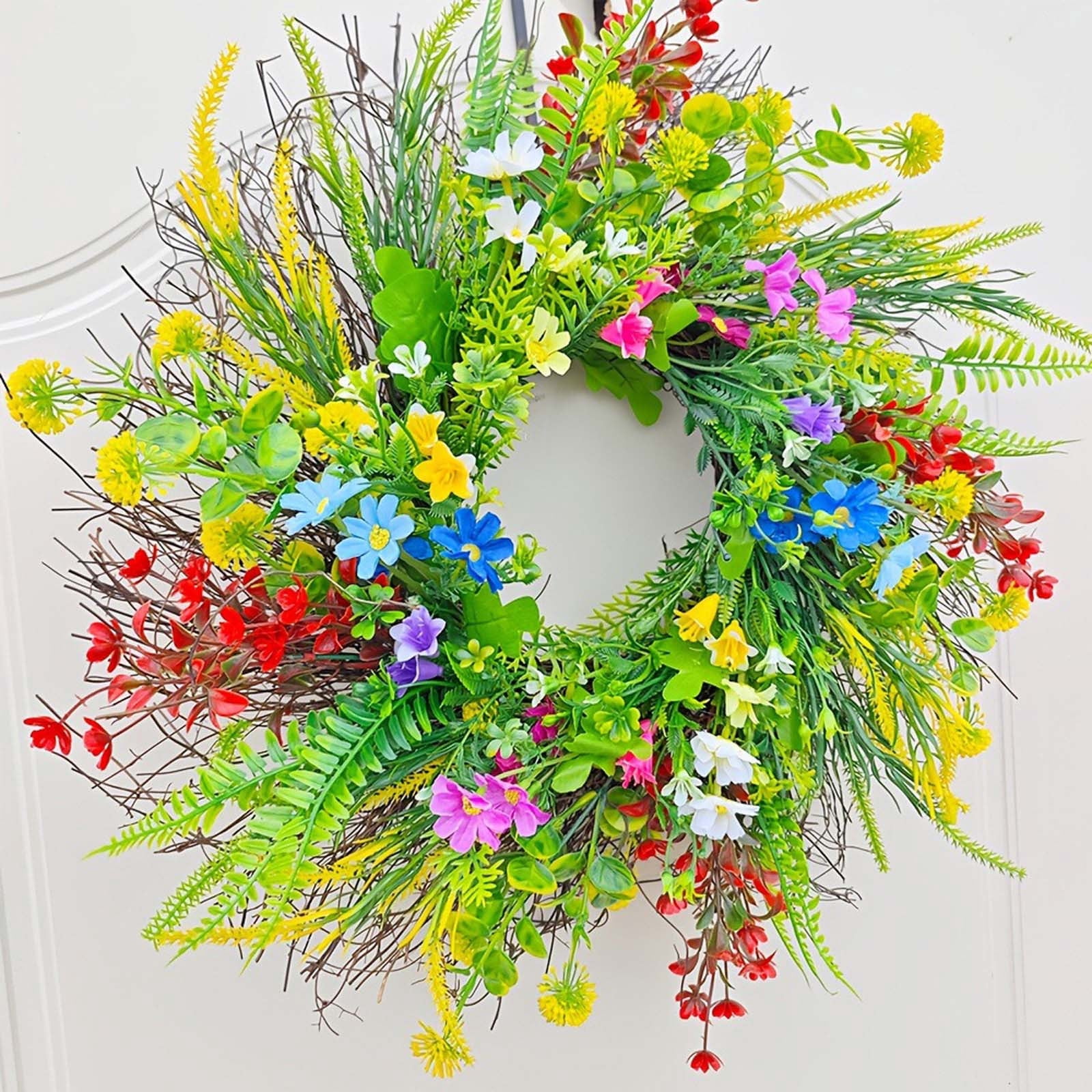 Spring Wreaths for Front Door 18 Inch - Outdoor Spring Summer Wreath with Wildflower and Green Leaves,Front Door Wreath for Farmhouse Home Porch Wall Decor