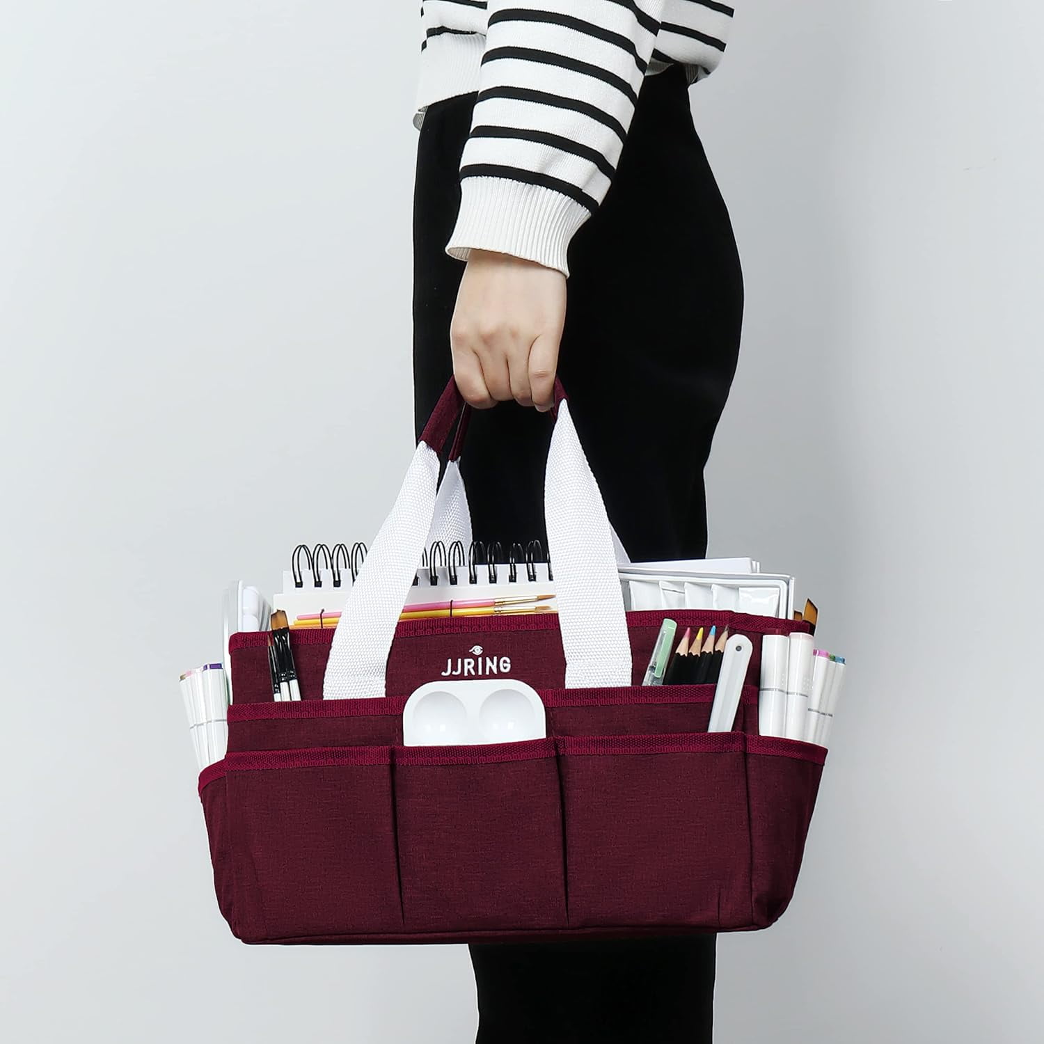 LAVFOX Craft Organizer Tote Bag, Multi-Pocket Art Storage Caddy Bag for Sewing, Scrapbooking, and Painting, Portable Desktop Utility Organizer for School, Medical, and Office Supplies, Burgundy