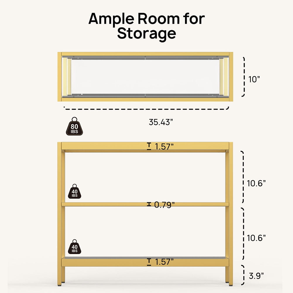 Resenkos Console Table with 3 Tiers, 35” Hallway Entryway Table with Metal Frame, Open Sofa Table with Tempered Glass for Living Room, Entrance, Yellow Resenkos Console Table with 3 Tiers, 35” Hallway Entryway Table with Metal Frame, Open Sofa Table with Tempered Glass for Living Room, Entrance, Yellow