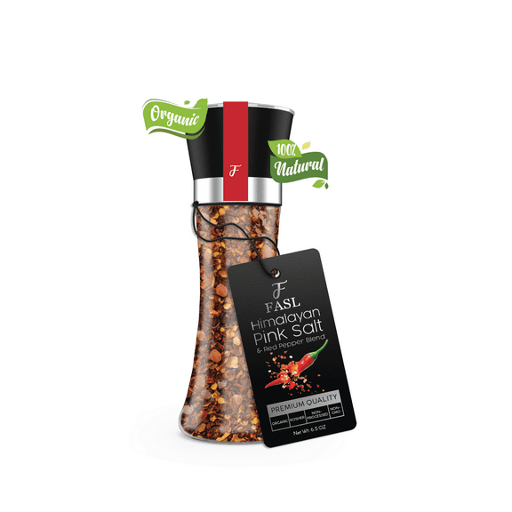 Fasl Himalayan Pink Salt & Red Crushed Chili, Premium Blend, Reusable Glass Grinder- 6.5 oz