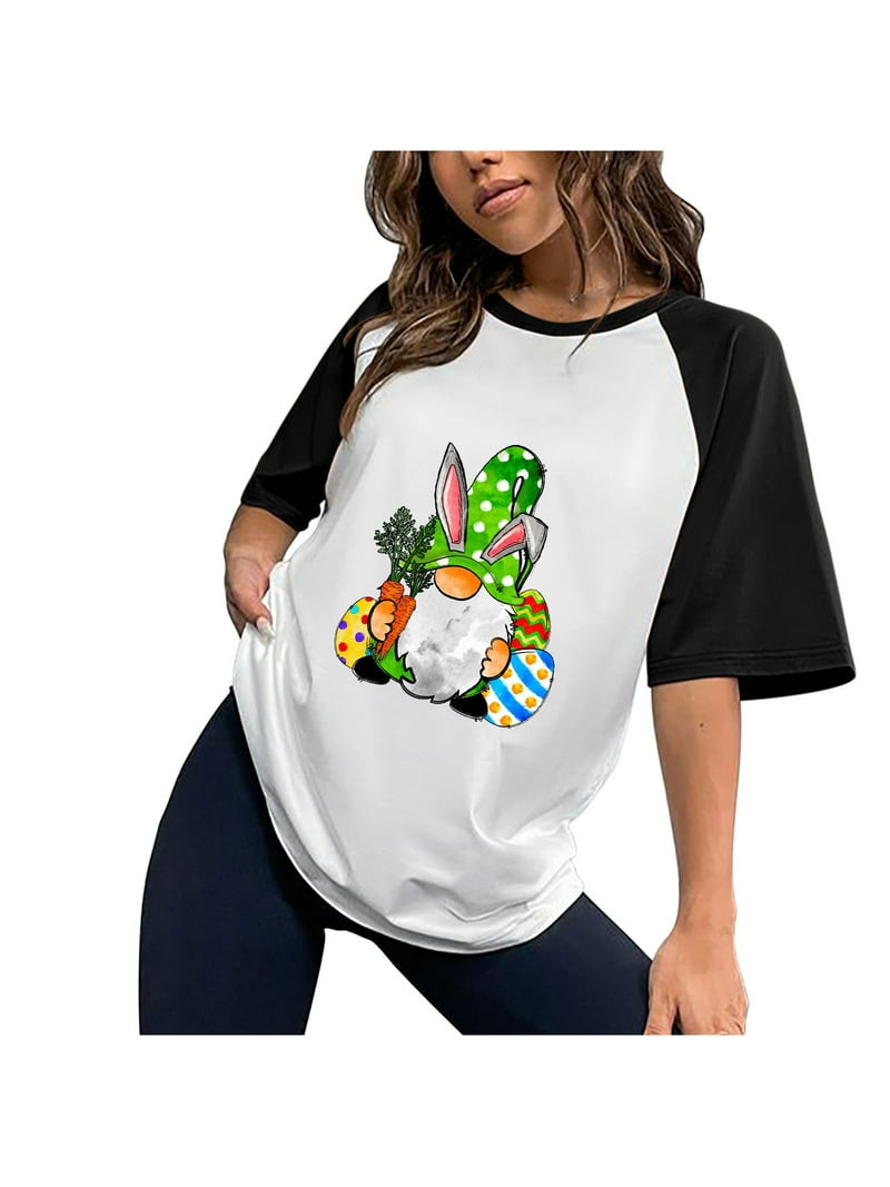 Women's Happy Easter Day Oversized Tees Clearance Cute Gnome Rabbit with Egg Graphic Pattern Tees Summer Tops Woman Crewneck T Shirt Tunic Raglan