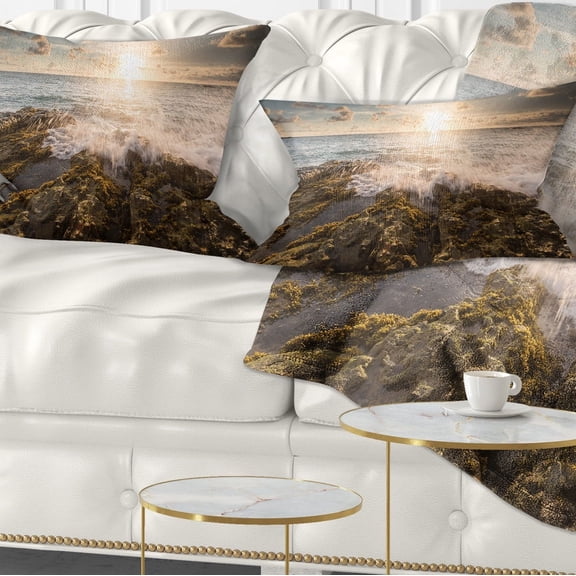Designart Sea Waves Impact on Rocky Shore - Beach Photo Throw Pillow - 12x20